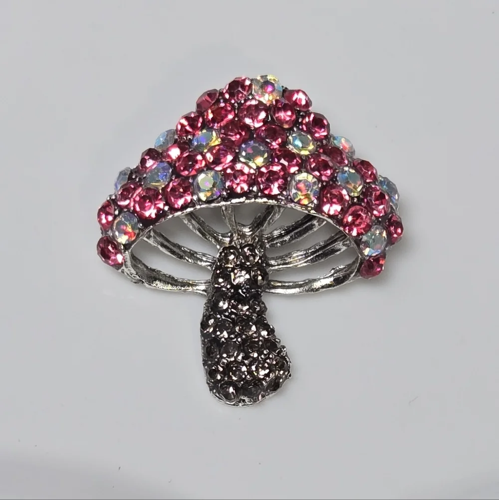 Pink Rhinestone Mushroom Brooch Sparkly Silver Toadstool Whimsigoth Lapel Pin